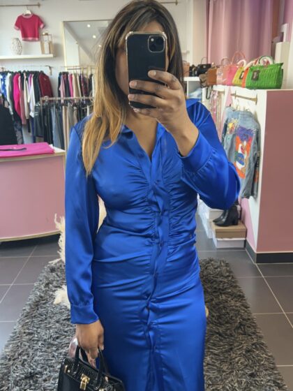 Robe bleu satinée drapée LINAYS