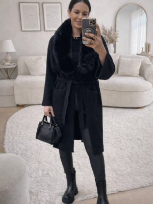 Gilet long col fourré noir AMÉLIA