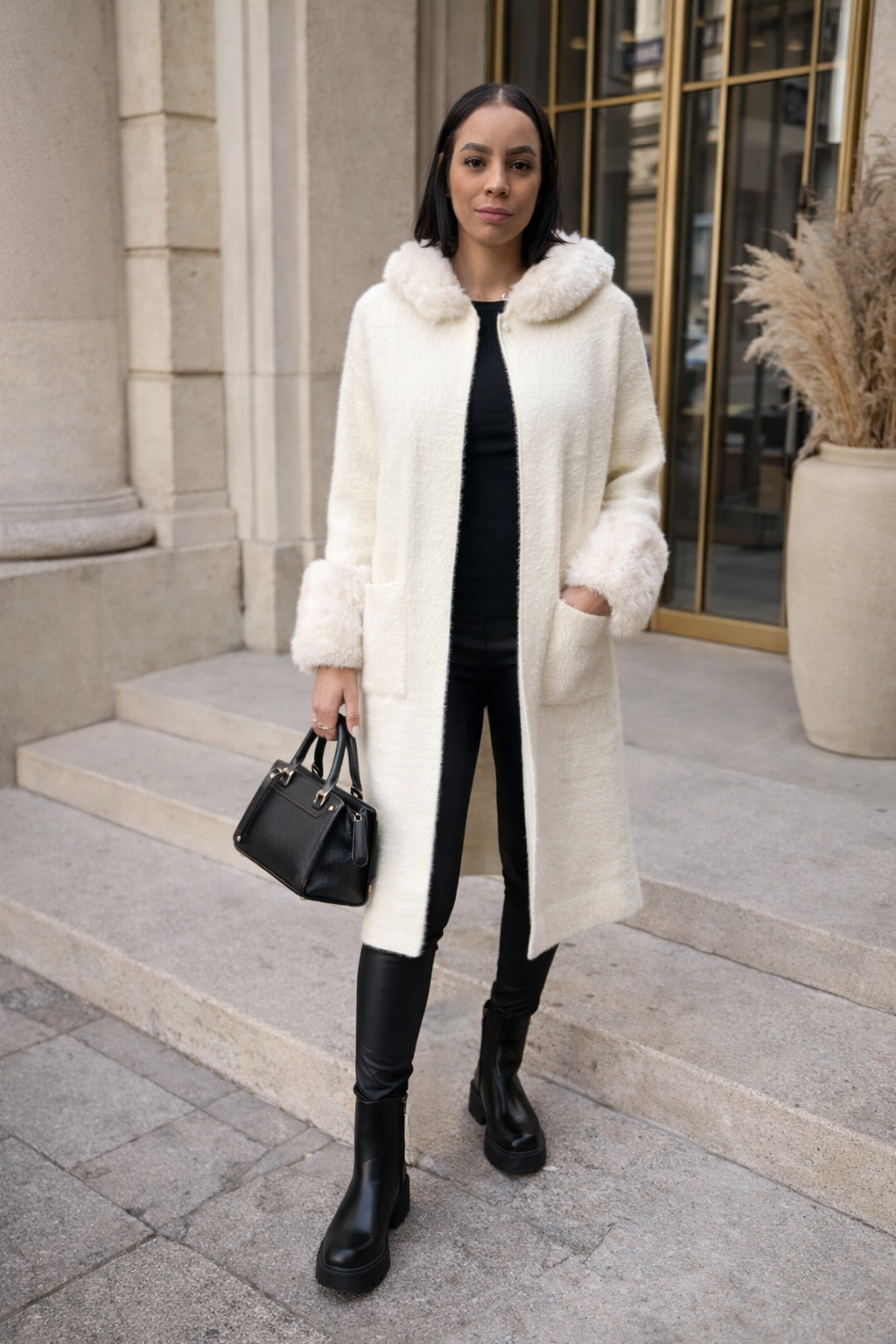 Manteau long à capuche fourré amovible LEANA blanc – Image 2