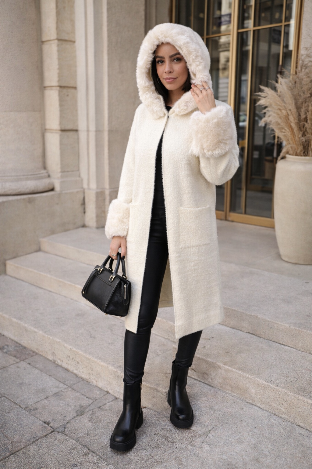 Manteau long à capuche fourré amovible LEANA blanc