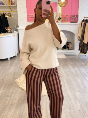 Pantalon à rayures beige et marron LAURIE