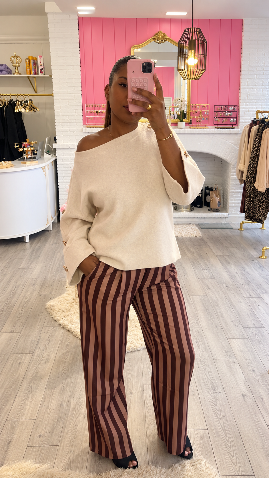Pantalon Ă rayures beige et marron LAURIE